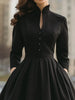 Women Black Stand Collar A-Line Dress Long Sleeves Buttoned High Waisted Pleated Elegant Cocktail Party Midi Dresses