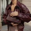 Loose PU Jacket Coats For Women Autumn Winter Long Sleeve Lapel Wine Red Coats Vintage Commuting Bomber Jackets