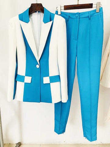 High Street Designer Runway Suit Set Women's Color Block Blazer Flare Pants Suit