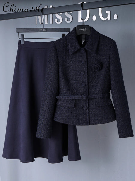 OL Elegant Two-piece Set Autumn and Winter Long-sleeved Slim Jackets Coat High-waist Skirt Sets Women's Outfits
