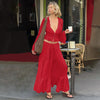Elegant Sexy Two Piece Set Women V Neck Long Sleeve T-shirt Maxi Skirt Matching Set Female Loose Pleated Club Dress Set