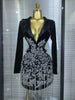 Black Color Women Long Sleeve Sexy V-Neck Waist Hollow Out Bodycon Mini Dress Velvet Shinning Diamond Chain Evening Party Dress