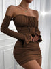 Sexy Bodycon Dresses Women Black Brown Red Green White Pleated long sleeve Mini Dress Vestidos Elegant Club Party Dresses