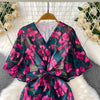 Sexy chic puff sleeve slim Criss-Cross A-line dress Chic Vintage Women Casual women clothing