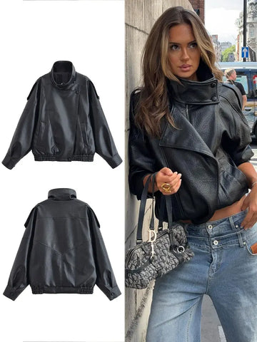 Women Jacket Fall Black Long Sleeve Turtleneck Faux Leather Jacket Motorcycle Style Personality Coat Outwear