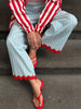Striped Patchwork Scalloped Trim Trousers Women Street Elastic Waist Pocket Panelled Loose Wide Leg Pants Chic Ladies Partywear