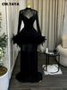 Women Feather Long Sleeve O-neck Ruched Mermaid Long Maxi Dress Street Mesh Sexy Party Cocktail Night Dresses