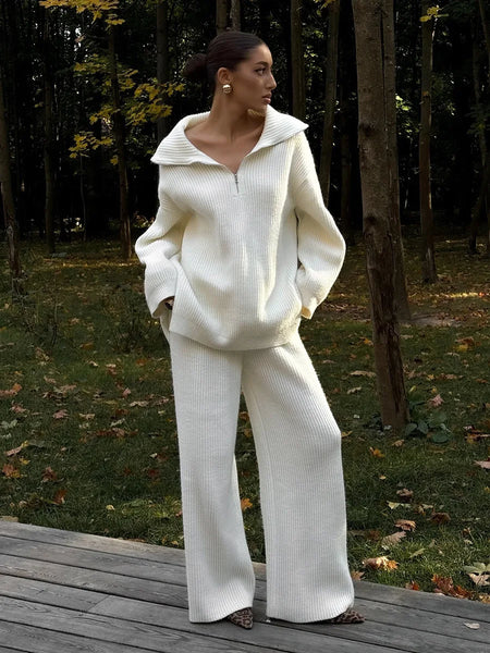 Women's Autumn Winter Collared Half Zip Ribbed Knit 2-Piece Set Oversized Wide Leg Pants Sweater Suit