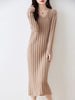 Women Pure Wool Sweater Dresses Long Sleeve Purllover 100% Merino Wool V-neck Knitwear Spring Autumn Grace Striped Dresses