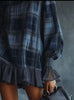 Retro Plaid Ruffle Hem Dress for Women's Turtleneck Lantern Sleeve Loose Chic Elegant Flare Sleeve Casual Long Sleeve Mini Dress