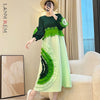 Anmrem Tie Flower Design Women's Pleated Dress O-neck Long Sleeve Colorblock Patchwork Chic Beading Loose Famale Clothes 2DB5753