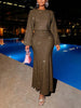 Shiny Women's Dress Spring Autumn O-neck Long Sleeve Slim Hips Banquet Long Dress Female Pleated Party Fishtail Dresses