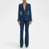 High Street Runway Designer Suit Set Women's Career Style Single Button Washed Denim Beaded Blazer Long Pants Suit