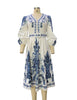 Autumn Women's V-neck Long Sleeved Bohemian Printed Dress Retro Lantern Sleeve Chinese Style Blue White Porcelain Dress