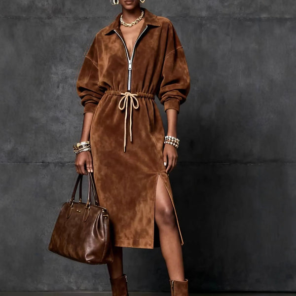 Long Dress for Women Suede Long Sleeves Lapel Neck Maxi Dress Tie Elastic Waist Temperament Elegant Side Split Street Dress
