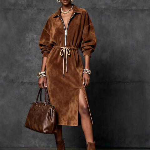 Long Dress for Women Suede Long Sleeves Lapel Neck Maxi Dress Tie Elastic Waist Temperament Elegant Side Split Street Dress