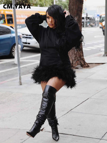 Women Hooded Long Sleeve Fur Hem Sweathirt Style Midi Dress Winter Streetwar Mini Black Dresses Vestidos