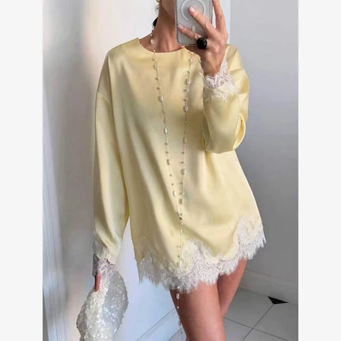 Women Light Blue Lace Satin Round Neck Dress Elegant Side Tie Long Sleeve Soft Short Gown Daily Vacation Party Sundress