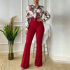 Autumn Women Elegant Outfit Set Printed Stand Collar Long Sleeve Shirt Top Straight‑leg Pants Casual Two‑piece Set