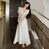 Elegant Lady V-Neck Polka Dot Dress French Ruffles Bubble Sleeve Lace Up Vestidos Temperament Waist Tight A-Line Long Robes