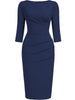 Womens Elegant Crew Neck 2/3 Sleeve Work Office Knee Length Solid Business Casual Party Ruched Pencil Bodycon Sheath Dress