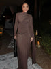 Elegant Slim Fit Pleat Irregular Long Dress Women Long Sleeve Turtleneck Patchwork Robes Chic Party Banquet Wear