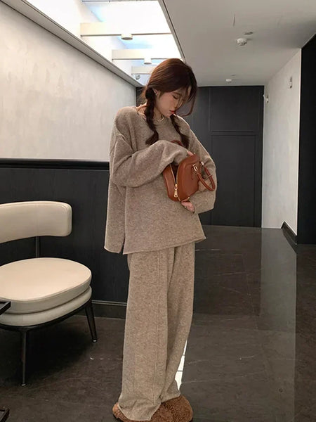 Korean Version of Soft Waxy Lazy Wind Knitting Set Gentle Round Neck Pullover Sweater Wide Leg Pants Two-piece Set Women