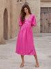 100% Cotton V-neck Waist Cinched Dress Unique Lantern Sleeve Sexy Slit Long Skirt Women's Casual Dresses