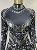 Women Sparkly Sequins Mirror Long Sleeve Mesh Sexy Mini Dress Night Party Club Dancer Performance Celebrity Stage Outfit