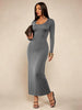 Women's Solid Long Sleeve Bodycon Dress, Chic Basic Minimalist Causual Scoop Neck Long Dress, Womenswear