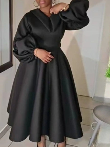 Women Church Dresses A Line Long Lantern Sleeve Turn Down Collar Party Christmas Celebrate Occasion Birthday Stylish African