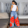 Women Fake Denim 3D floral Print Loose Wide Leg Jogger Pants Streetwear Active Hip Hop Sweatpants Trousers
