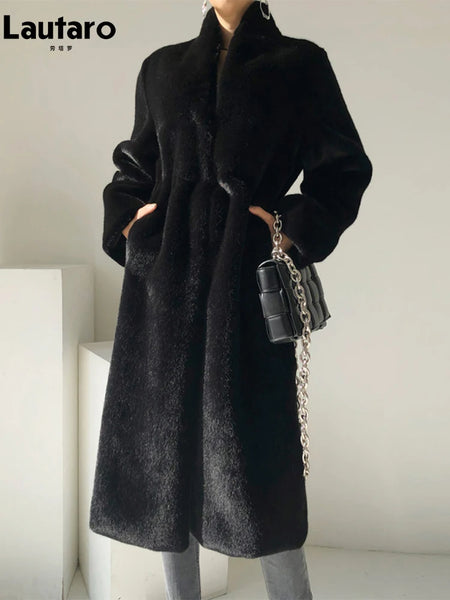 Winter Long Black Elegant Stylish Thick Warm Fluffy Hairy Soft Faux Mink Fur Coat Women Stand Collar Sashes
