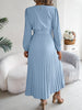Spring Autumn Elegant Buttons V Neck Lantern Long Sleeve Lace Up Pleated Dress Khaki Blue Red Green Black Women Dresses