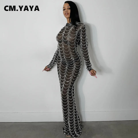 Women Diamonds Drill Striped Mesh See Though Long Sleeve Bodycon Midi Maxi Dress Sexy Club Skinny Party Long Dresses