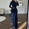 Elegant Temperament Long Sleeved Dress Lace Slim Fit Women's Party Dress Fall Asymmetrical High Waist Draped Banquet Dress Mujer