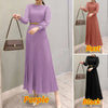 Elegant Women Pleated Dress Classy Smocked Cuffs Long Sleeve O Neck Fit and Flare Long Vestidos Commute Solid Party Robes