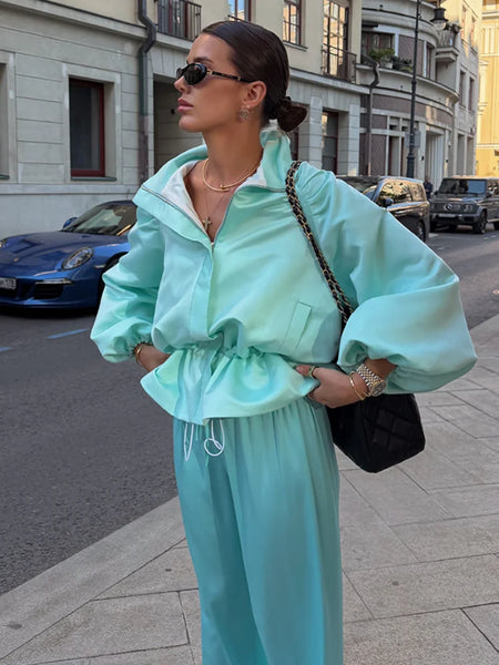 Shiny Fabric Jacket High Stand Collar Loose Puff Sleeve Drawstring Cropped Hem Coat Autumn Daily Lady Sweet Jacket