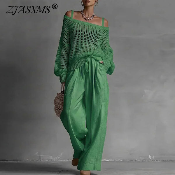 Chic Mesh Knit Sweater Two Piece Set Women Off Shoulder Drawstring Baggy Wide Leg Trousers Suit Casual Streetwear Holiday Outfit