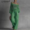 Chic Mesh Knit Sweater Two Piece Set Women Off Shoulder Drawstring Baggy Wide Leg Trousers Suit Casual Streetwear Holiday Outfit