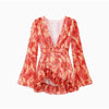 Women Chic Floral Print Deep V Neck Long Sleeved Waist Cinching Dress Layered Ruffle Hem Mini Dresses Elegant Party Daily Robes