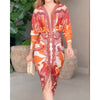 Women Vintage Baroque Print Long Sleeve Bodycon Dress Casual Plunge V Neck Ruched Slim Fit Midi Dress Party Elegant Wear