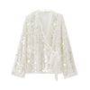 Autumn Women Sequin Kimono Jacket Coat Long Sleeve V Neck Female Casual Loose Outerwear Chic Lady Wrap Outfits