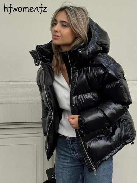 Casual Women's Glossy Hooded Cotton Coats Puffy Stand Collar Zipper Long Sleeve Warm Jackets Winter Lady Down Jacket