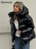 Casual Women's Glossy Hooded Cotton Coats Puffy Stand Collar Zipper Long Sleeve Warm Jackets Winter Lady Down Jacket