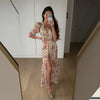 Elegant Ruffle Women's Long Dresses V Neck Half Sleeve Button Waist Cinching Pleated Dress Spring Lady Party Robes
