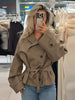 Plaid Windbreaker Grid Jacket Lapel Collar Double Breasted Trench Woman Coat Waist Tie Belt Long Sleeve Short Top Casual Clothes
