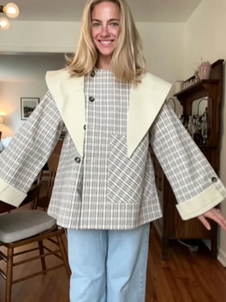Plaid Trench Short Coat Casual Double Breasted Shawl Lapel Loose Street Jacket Lady Fall Chic Daily Commute Outerwear