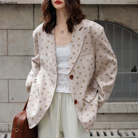 Autumn Winter Women's Suit Jacket Chic Floral Loose Fit and Elegant Style Office Lady Pockets Long Coat Blazers