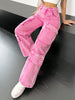 Pink Cotton Women's Wide-Leg Loose-Fitting Jeans, Multi-Pocket Y2K Style Pink Jeans